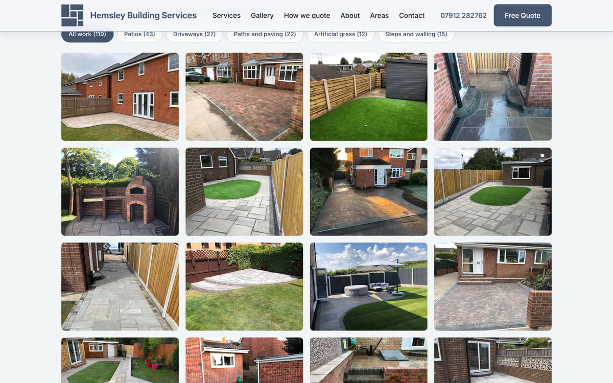 The photo gallery on the Hemsley Building Services site, a grid of finished driveway and patio jobs around Wakefield.