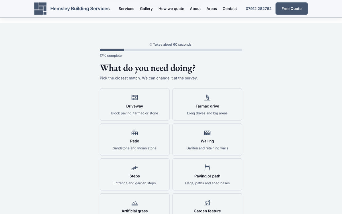 The quote tool on the Hemsley Building Services site, part way through, asking the customer what they need doing.