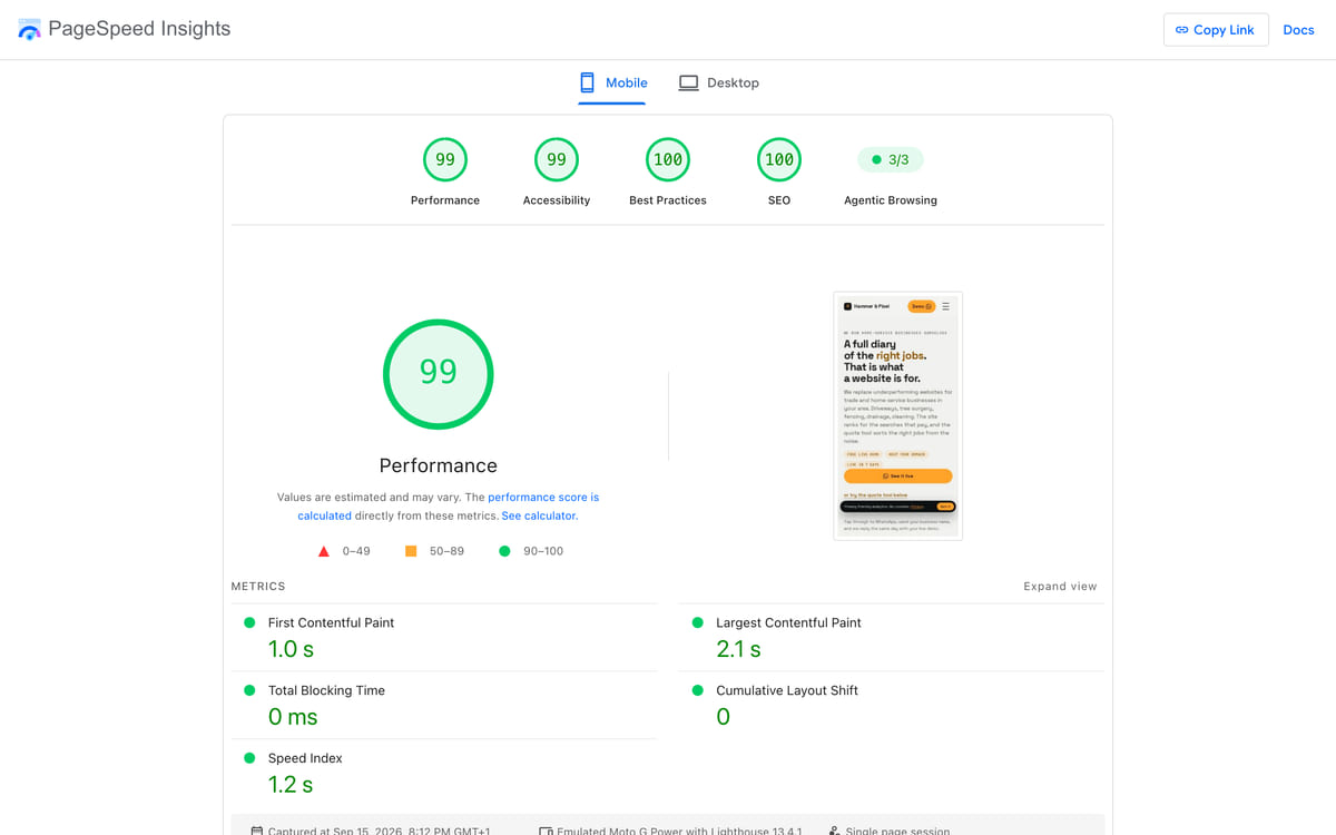 The Google PageSpeed Insights mobile result for our own homepage, scoring 99 for performance, 99 for accessibility, 100 for best practices and 100 for SEO, captured on 15 September 2026.