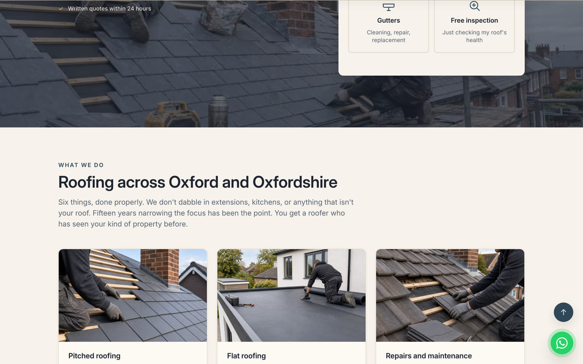 The service cards on the Kidlington Roofing site we built, one card for each roofing job, at desktop width.