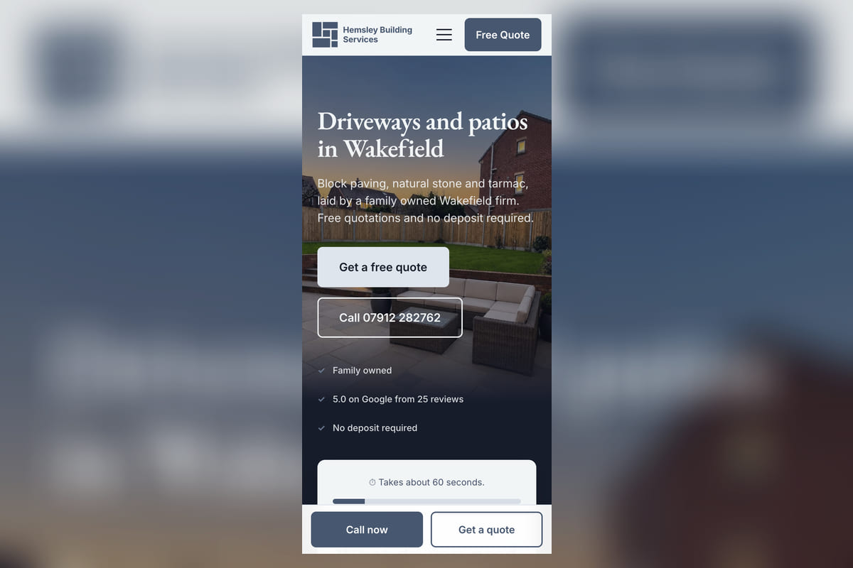 The Hemsley Building Services site we built for Wakefield, on a phone, showing the hero and the call button.