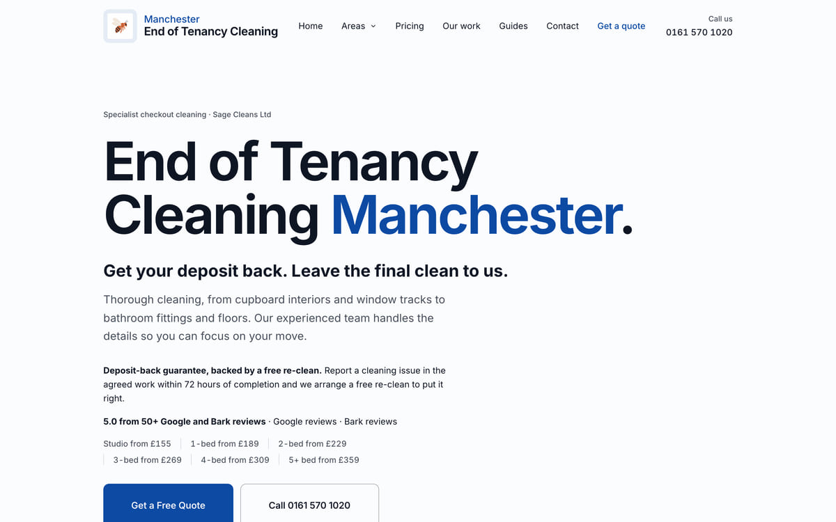 The Manchester End of Tenancy Cleaning site, at desktop width, showing the hero, the deposit back guarantee and the room prices.