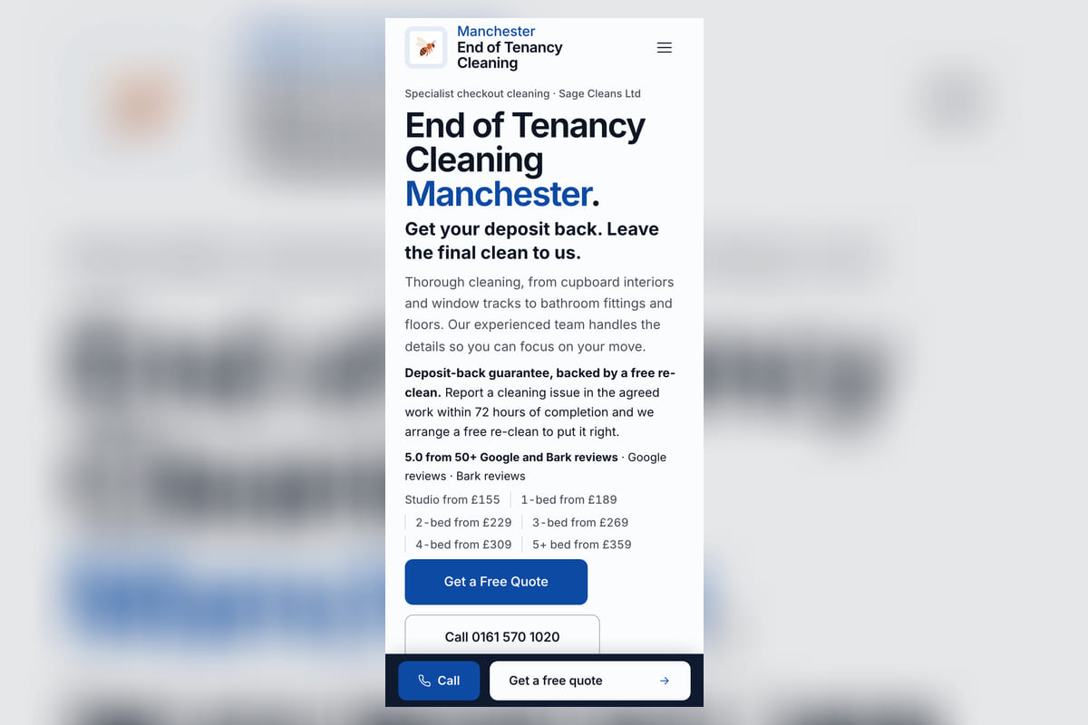 The Manchester End of Tenancy Cleaning site, on a phone, showing the hero, the deposit back guarantee and the room prices.