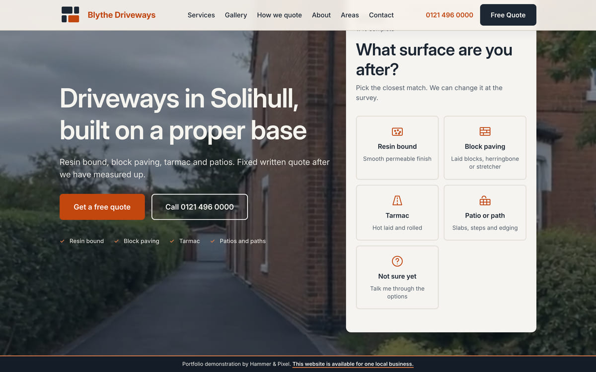 The Blythe Driveways site we built for Solihull, at desktop width, with the quote tool open on its first question.