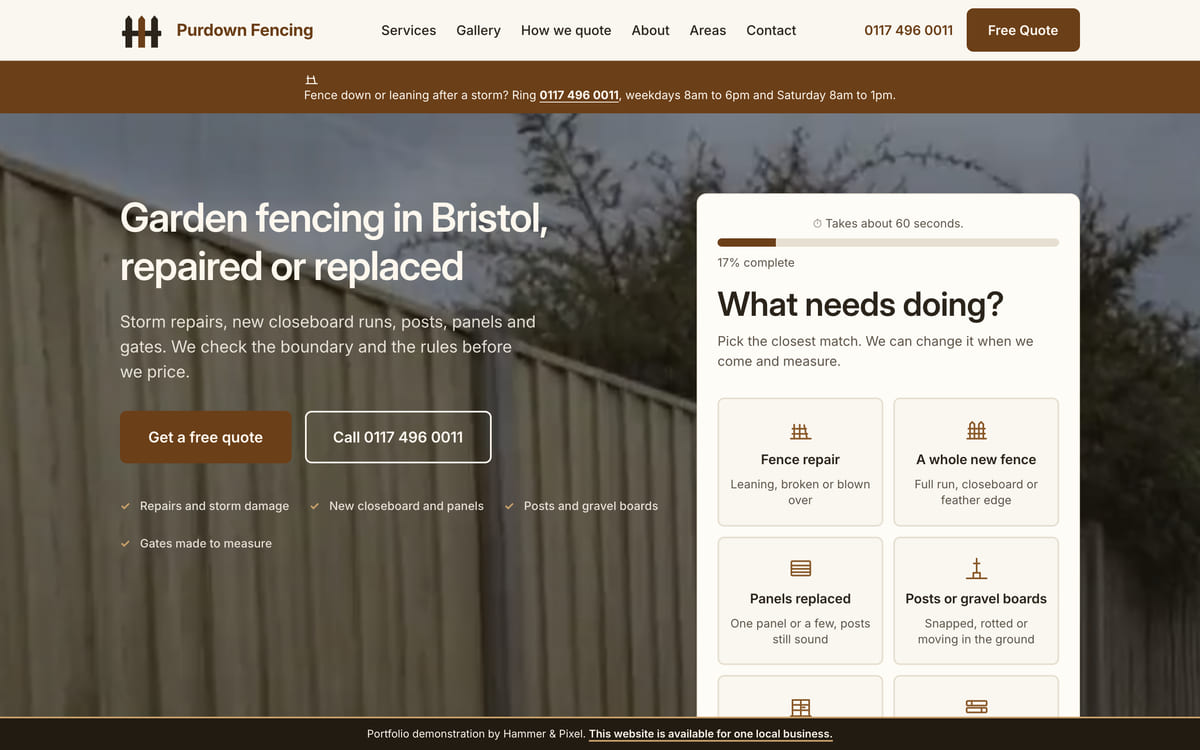 The Purdown Fencing site we built for Bristol, at desktop width, showing the hero and the fencing quote tool.