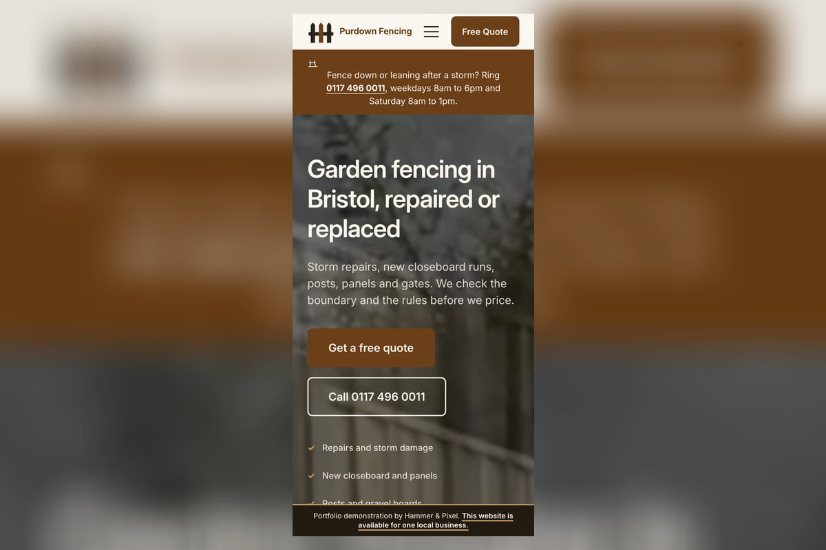 The Purdown Fencing site we built for Bristol, on a phone, showing the hero, the quote button and the number to call.