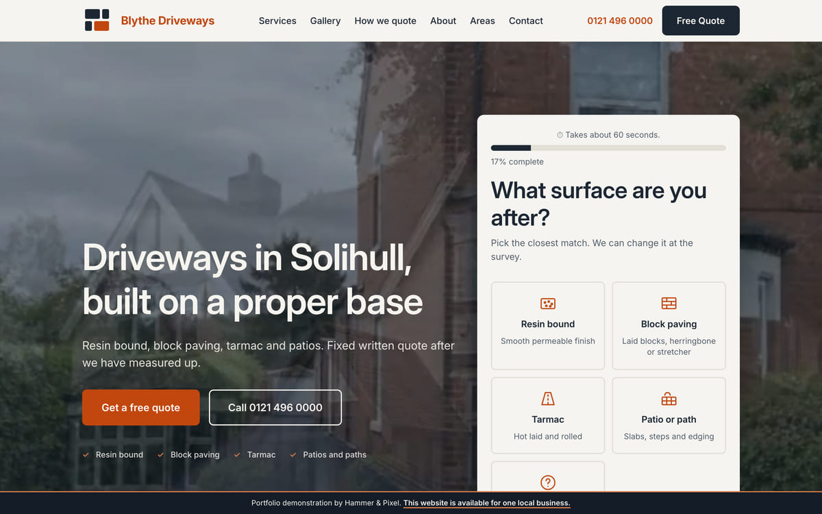 The Blythe Driveways site we built for Solihull, at desktop width, showing the hero, the materials list and the call button.