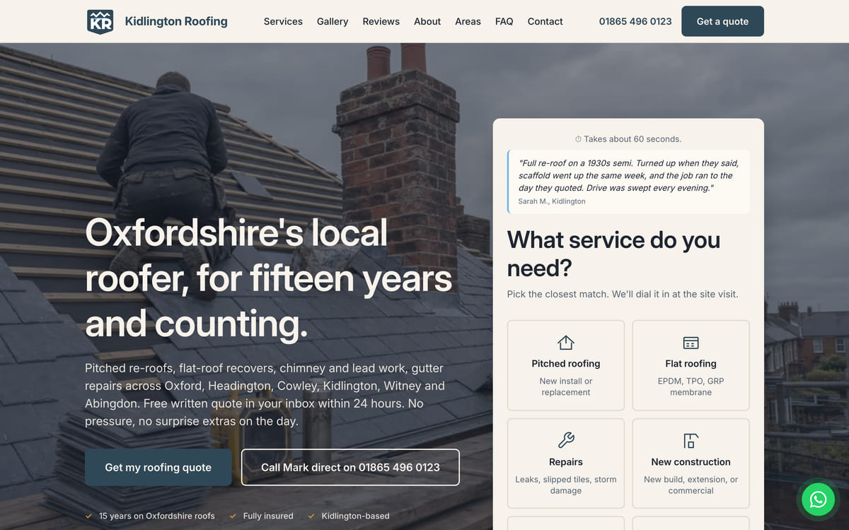 The Kidlington Roofing site we built, at desktop width, showing the hero and the buttons for a free roofing quote.