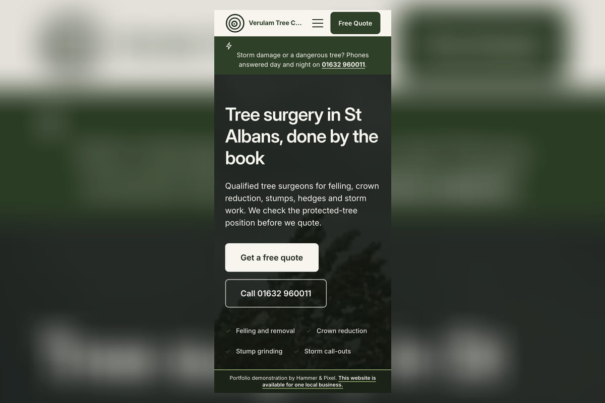 The Verulam Tree Care site we built for St Albans, on a phone, showing the hero, the quote button and the number to call.