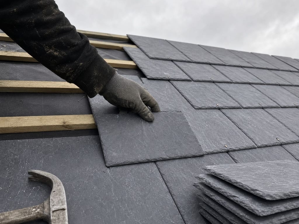 Finished anthracite concrete tile roof on a semi-detached bungalow