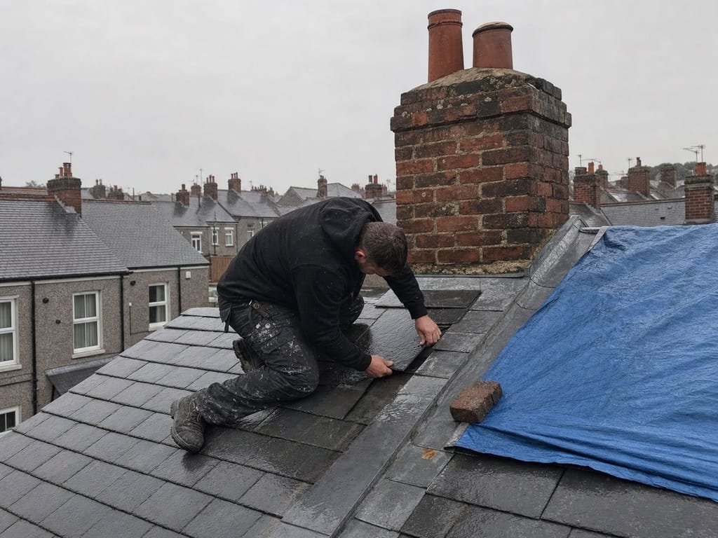 Roofer in PPE working at chimney base on a slate roof