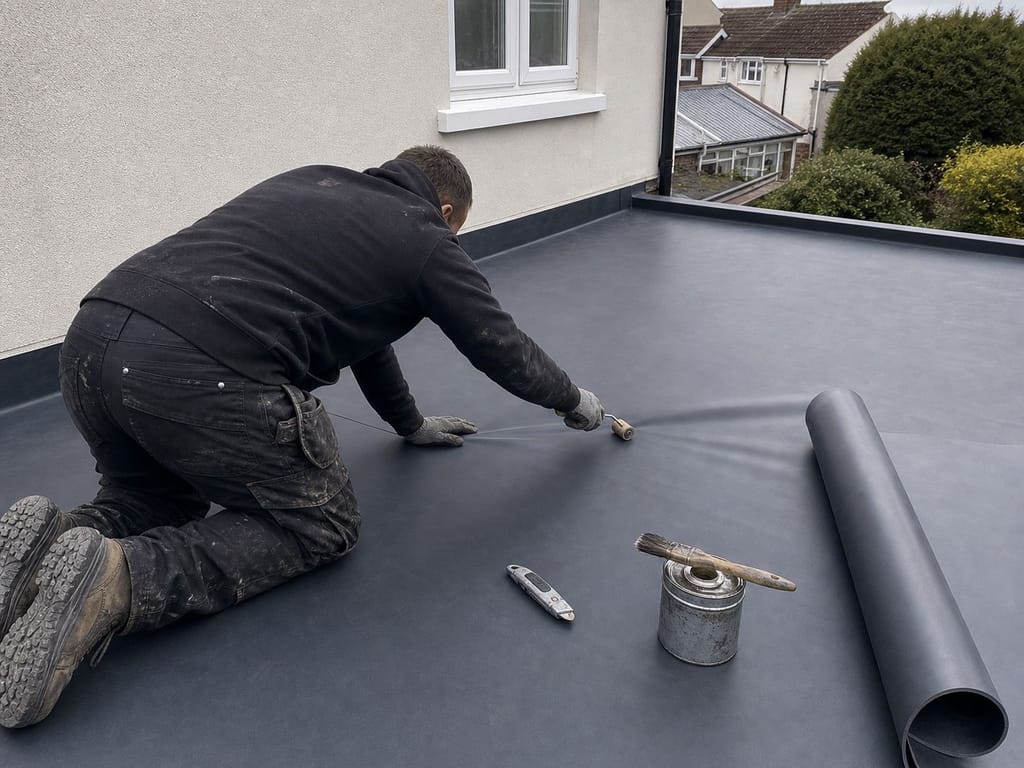 EPDM flat roof on a single-storey kitchen extension, scaffold boards in foreground