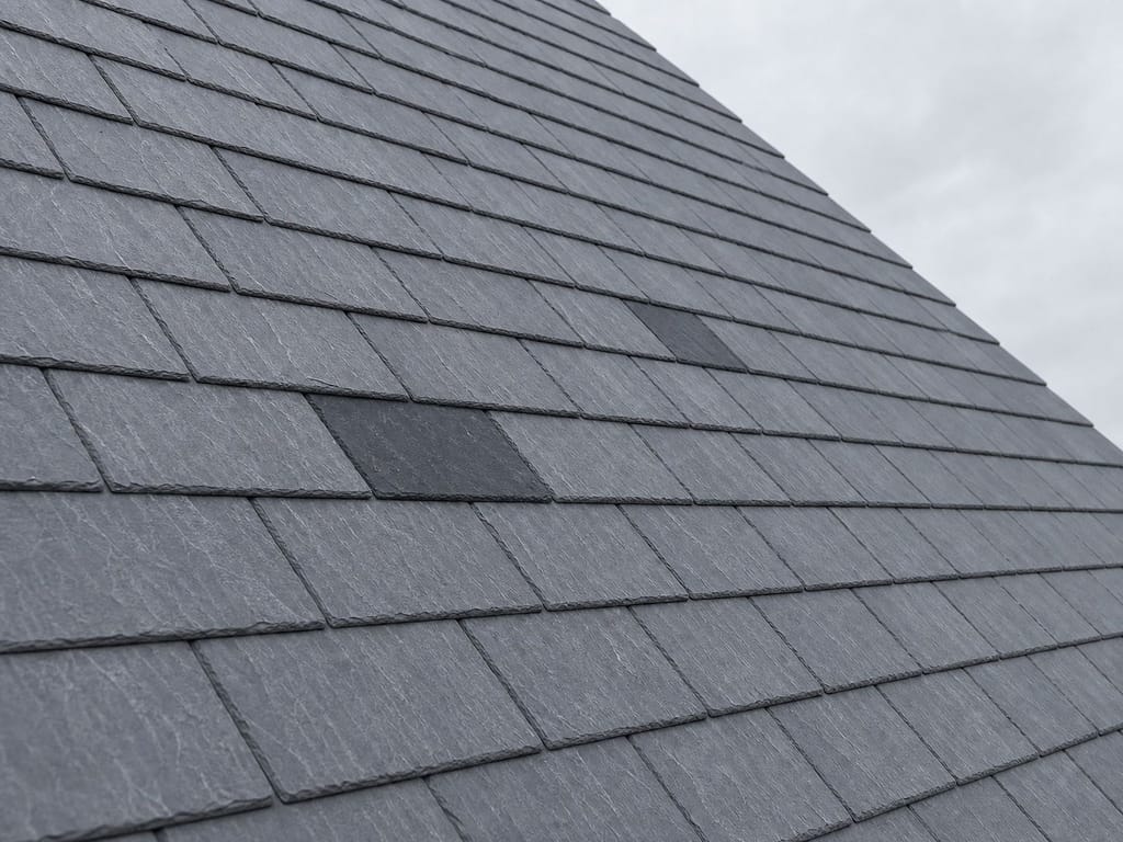 Storm-damaged ridge tiles being re-bedded on a stone slate roof