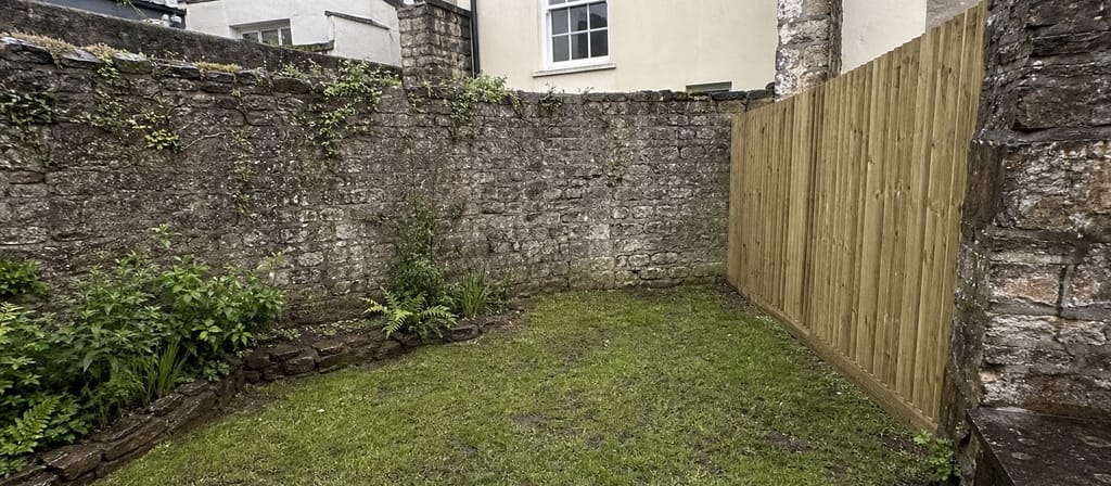 A Georgian terrace back garden in Clifton, painted stone rear elevations behind and a new closeboard run along one side of the plot