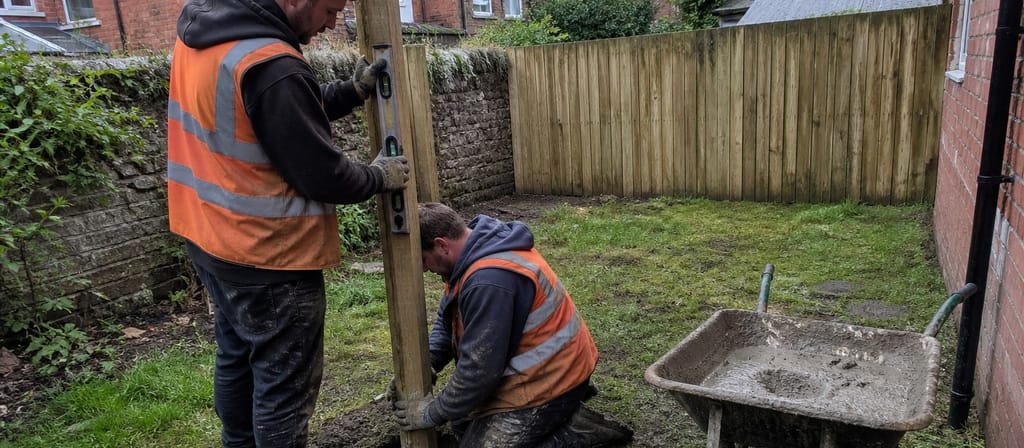 Two of the team setting a post on a Bristol job, one holding the level against it while the other steadies the post in the hole