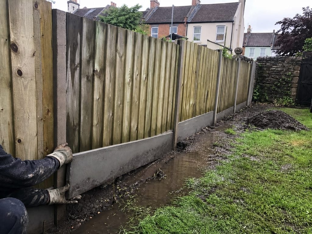Concrete gravel boards going in along a wet boundary, holding the bottom of the boards clear of standing water