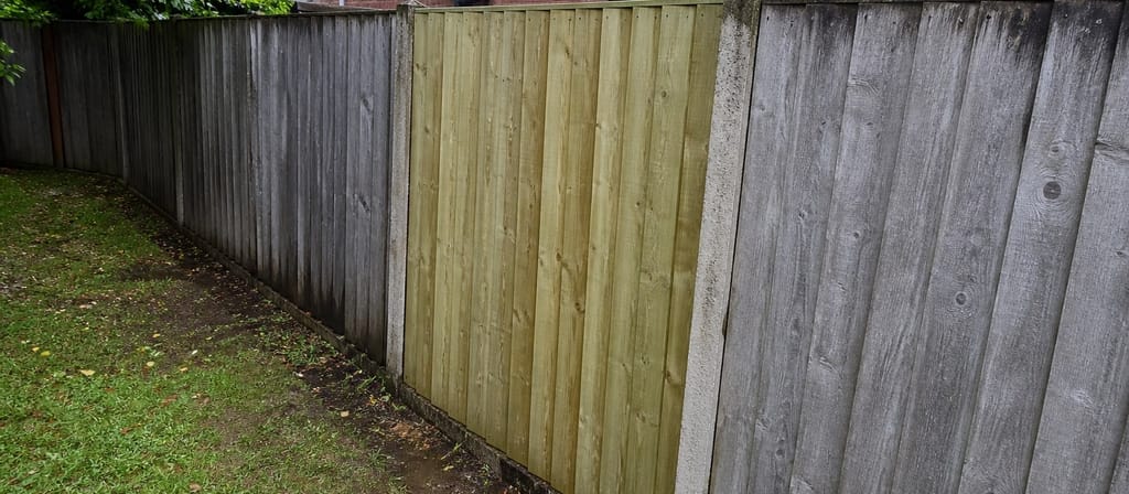 One fresh pale closeboard panel slotted between concrete posts partway along an older silver-grey run