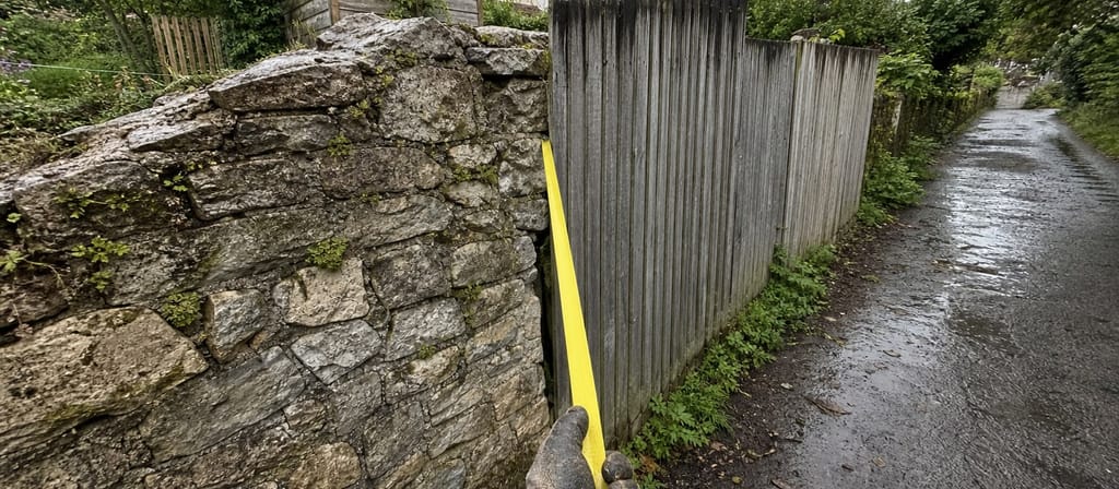 A tape run along the boundary line where an old limestone rubble wall ends and a weathered closeboard fence carries on down a wet lane