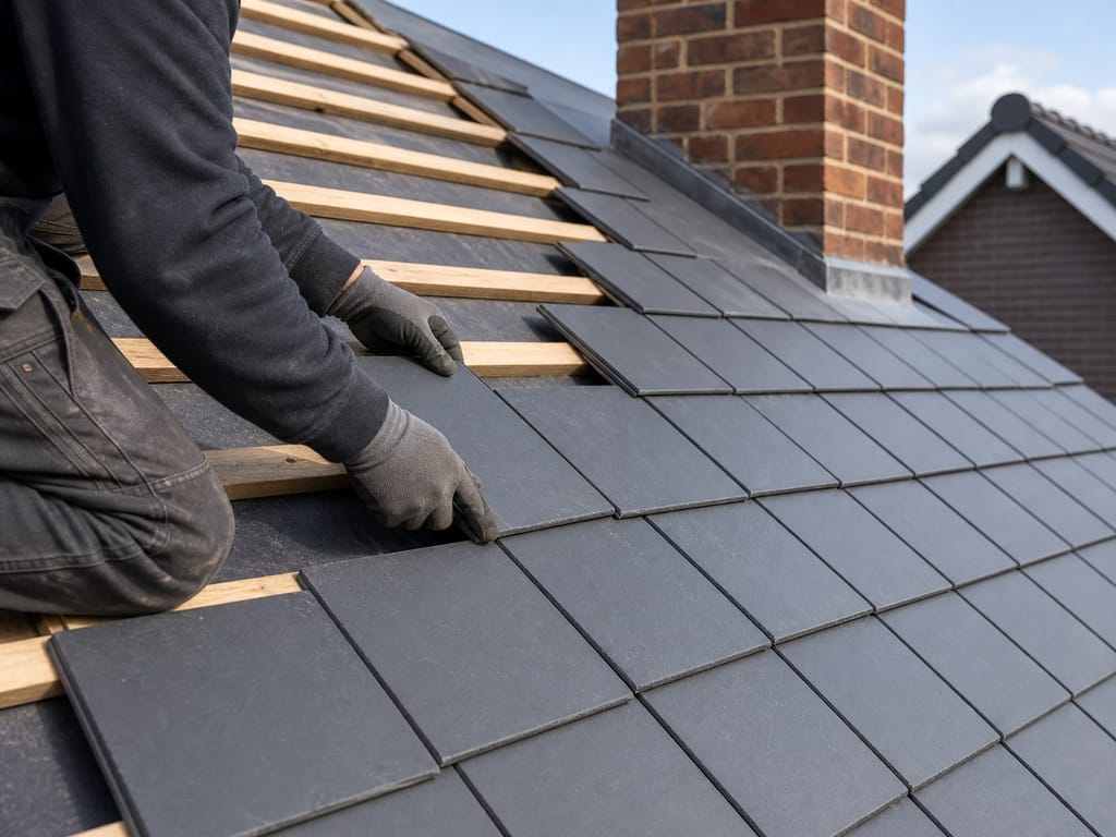 Fibre cement slate install in progress, Cowley