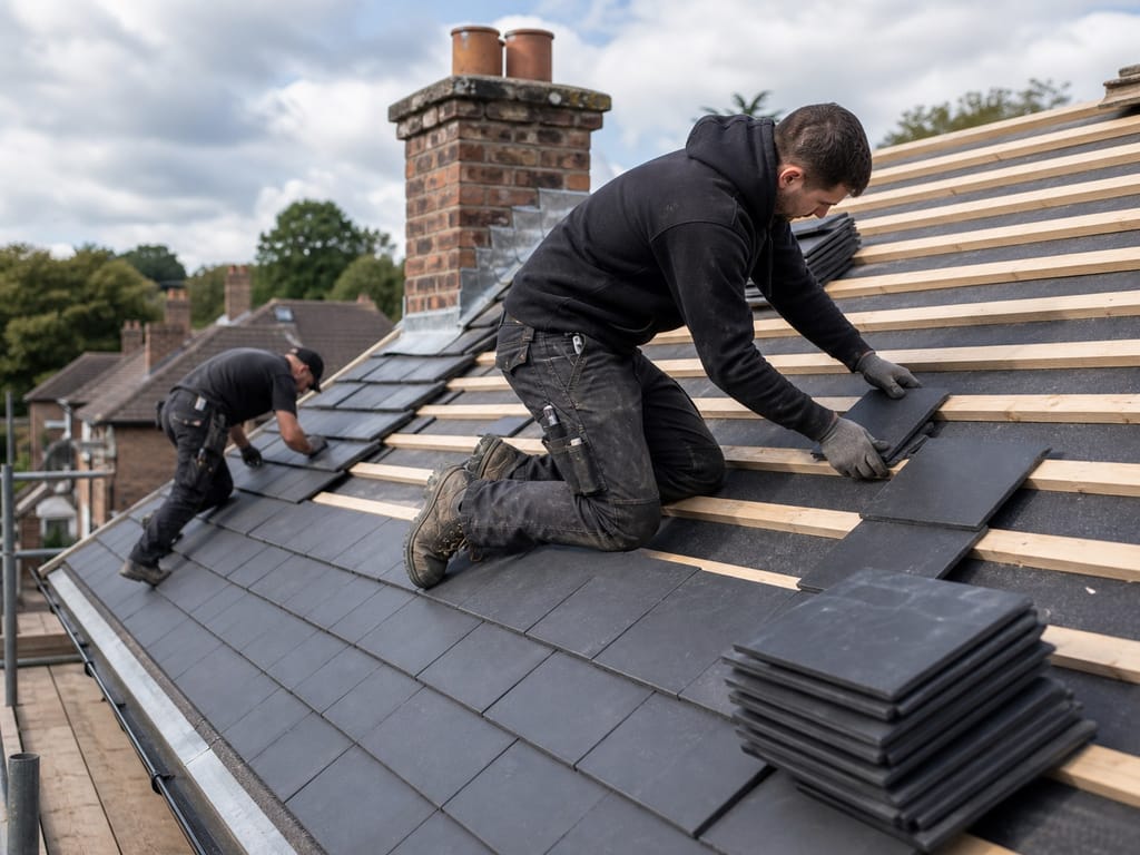 Crew working on a Cotswold stone roof in Witney
