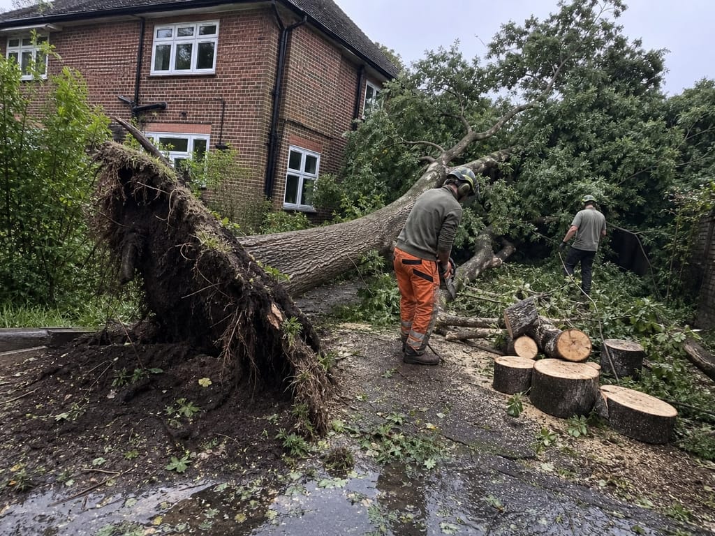 Storm-blown ash cleared from a drive, the lifted root plate still holding soil and the trunk cut into stacked rounds
