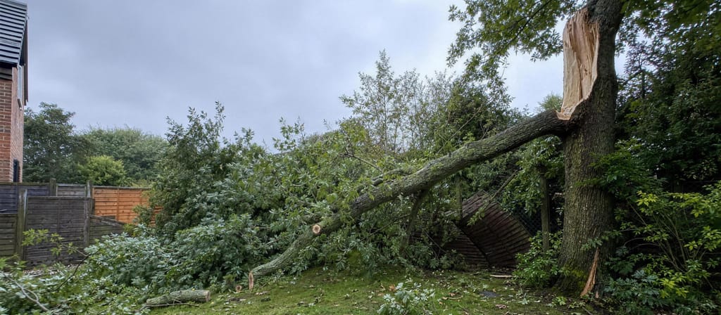Storm-torn limb down across a garden fence, with a pale ragged tear scar left on the standing stem